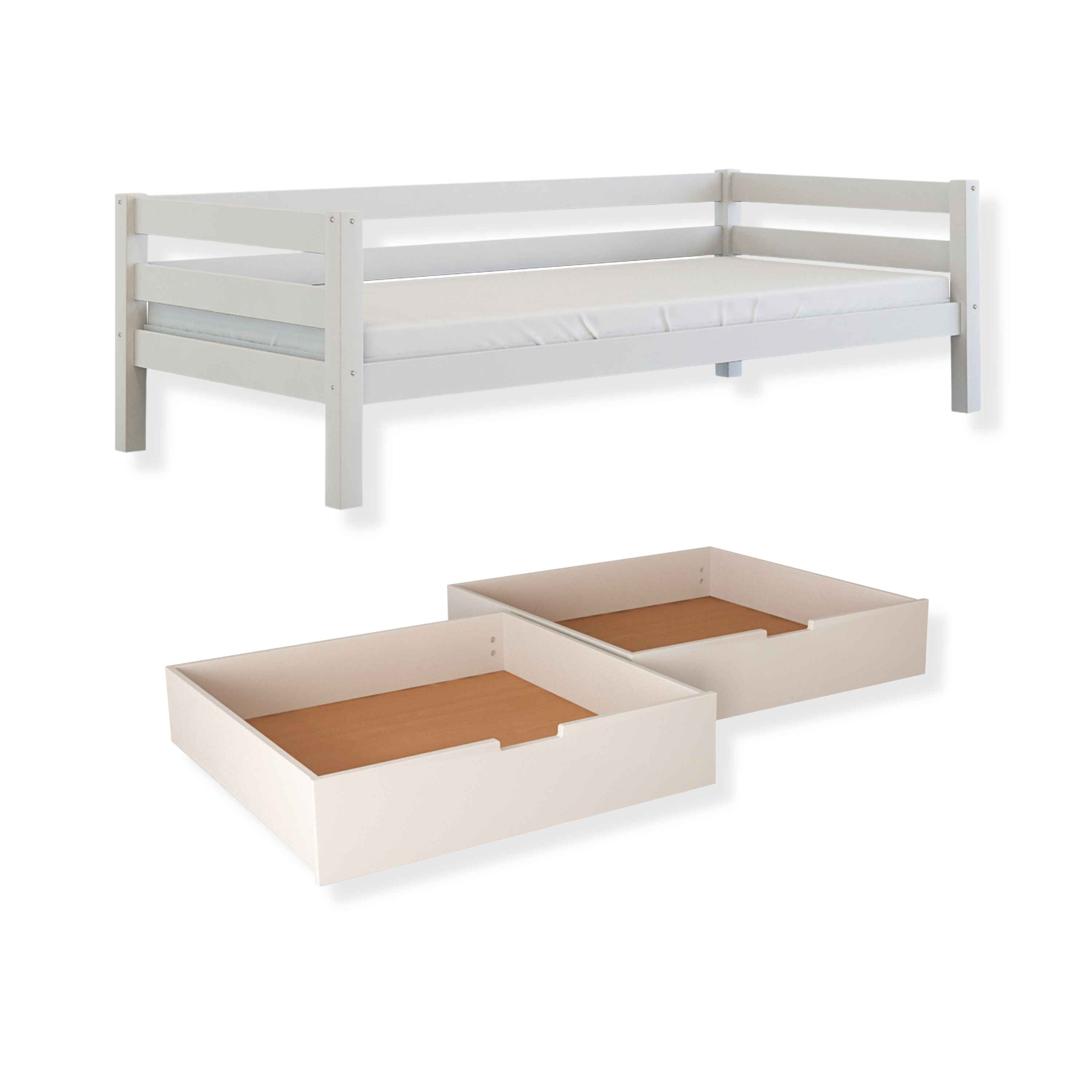 Kombiset Niki – Einzelbett mit Rollrost, mit Schubladenset oder Bettschublade, weiß oder natur